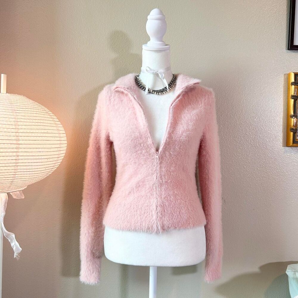 No Boundaries Y2K pink fuzzy zip up cardigan sweater S